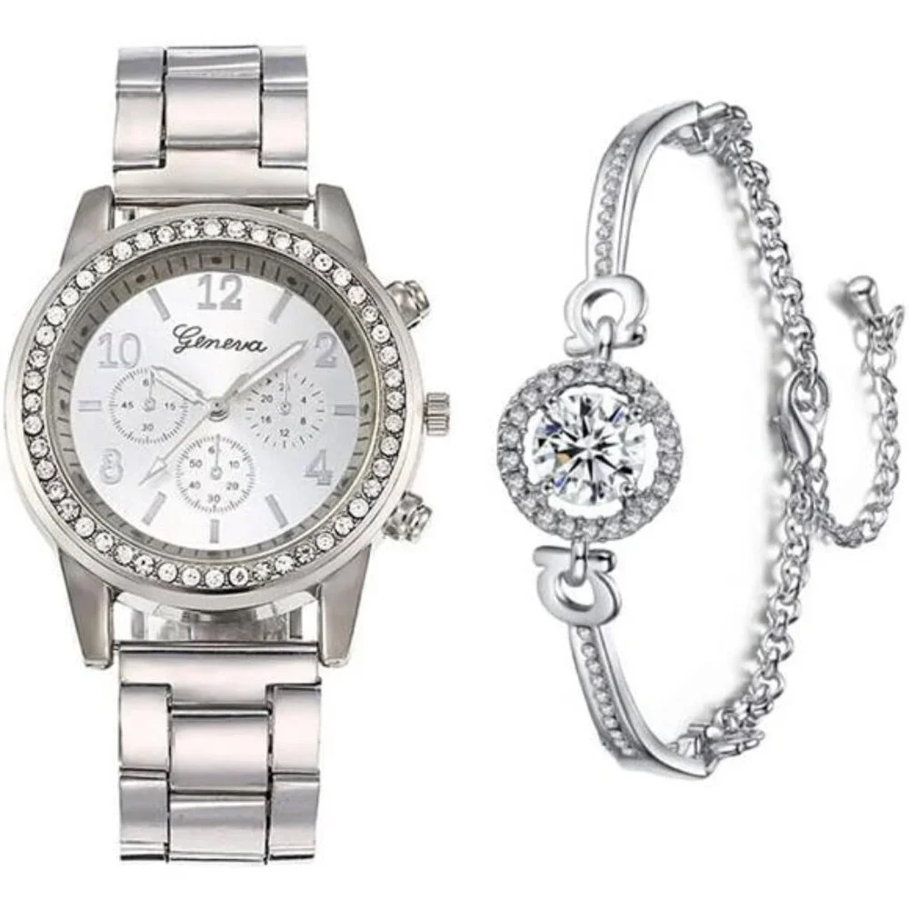 Luxury Women's Watch and Bracelet Sets – Elegant Timepiece with Crystal Accent